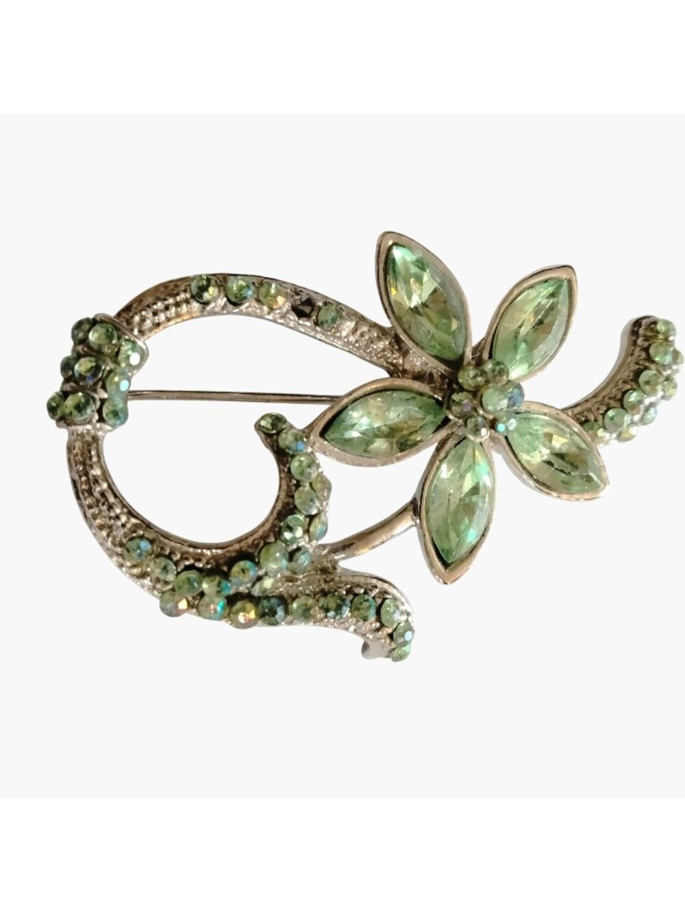 Green Rhinestone Floral Brooch Vintage Jewelry Statement Pin